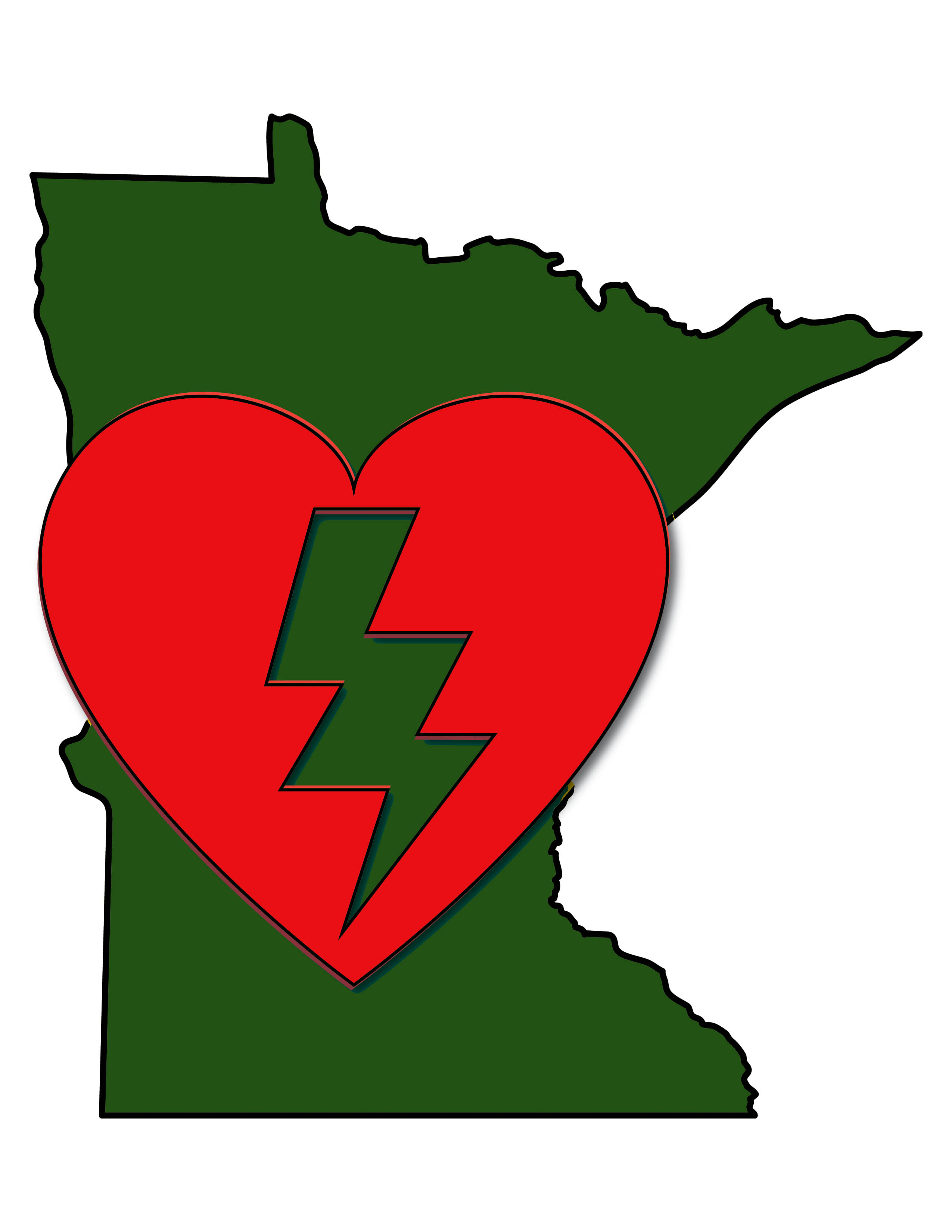 Logo of the state of Minnesota with a heart over it with a lightning bolt